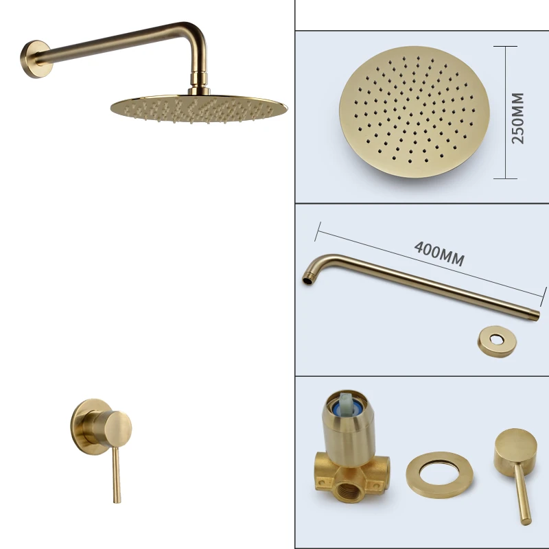 

10 inch Round Bathroom Luxury Rain Mixer Shower Set Wall Mounted Rainfall Shower Head System Brushed Gold Finish