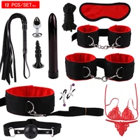 12 pcsset sex products erotic toys for adults bdsm bondage set collar handcuffs nipple clamps gag whip rope sex toys for couple