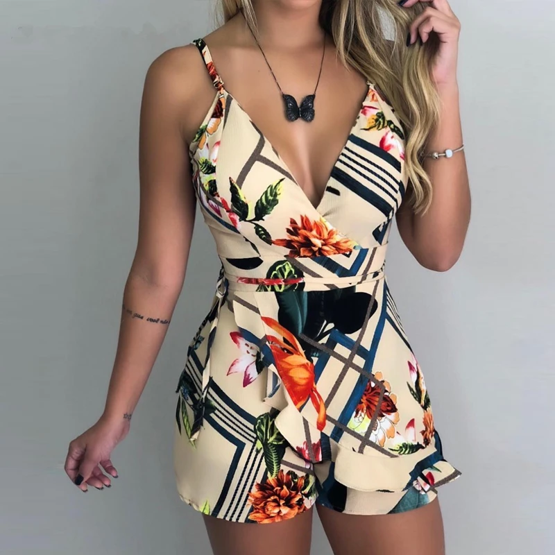 

Women Spaghetti Strap Floral Print Romper Sexy Jumpsuit Women Sexy Bodysuit Jumpsuit Overalls Party Female V-neck Short Jumpsuit