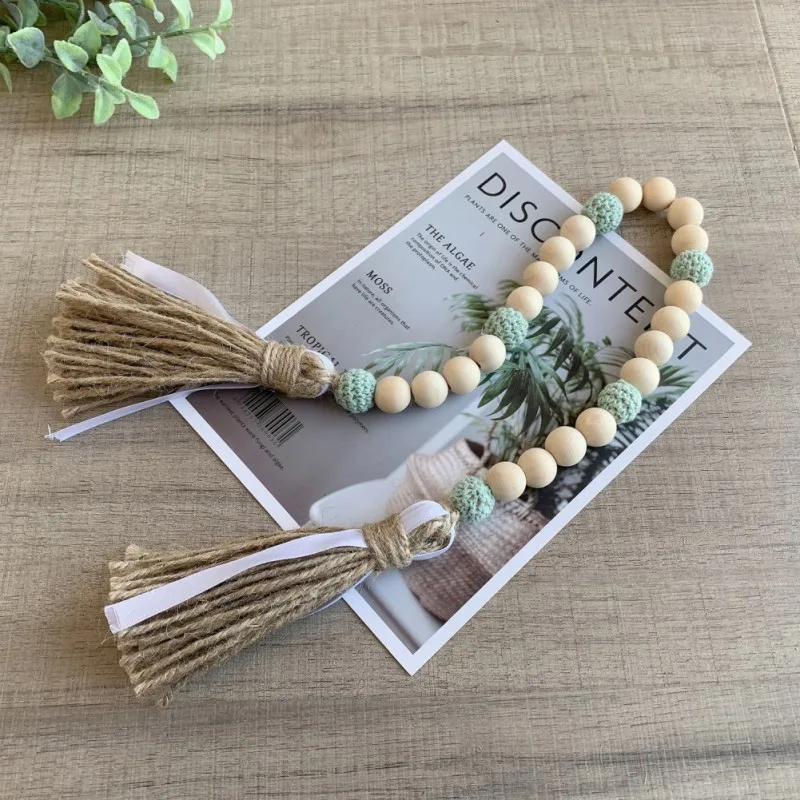 Handmade Wood Bead Garland With Jute Tassel Rustic Wooden Home Decoration Garlands For Rattan Macrame Wall Hanging Boho Gift