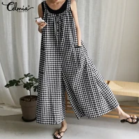 celmia rompers women vintage plaid jumpsuits 2021 fashion wide leg pants sleeveless casual loose jumpsuits overall