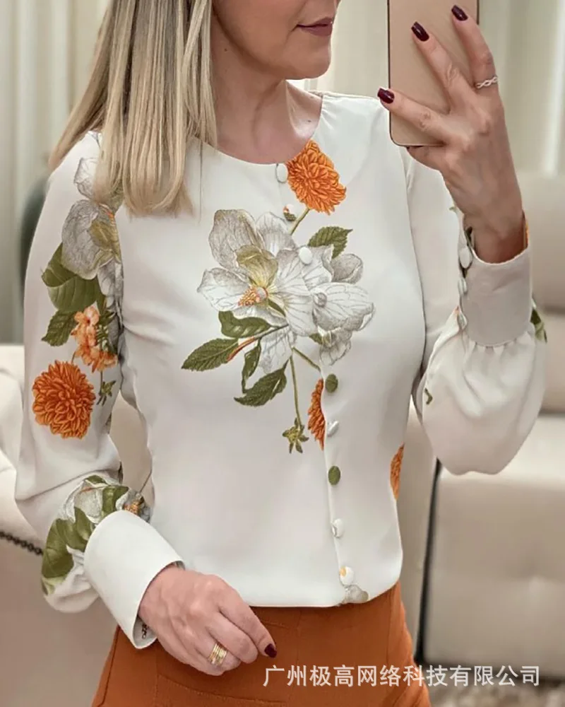 

Женские блузки, новинка 2021, летний Белый Топ с длинным рукавом и цветочным принтом