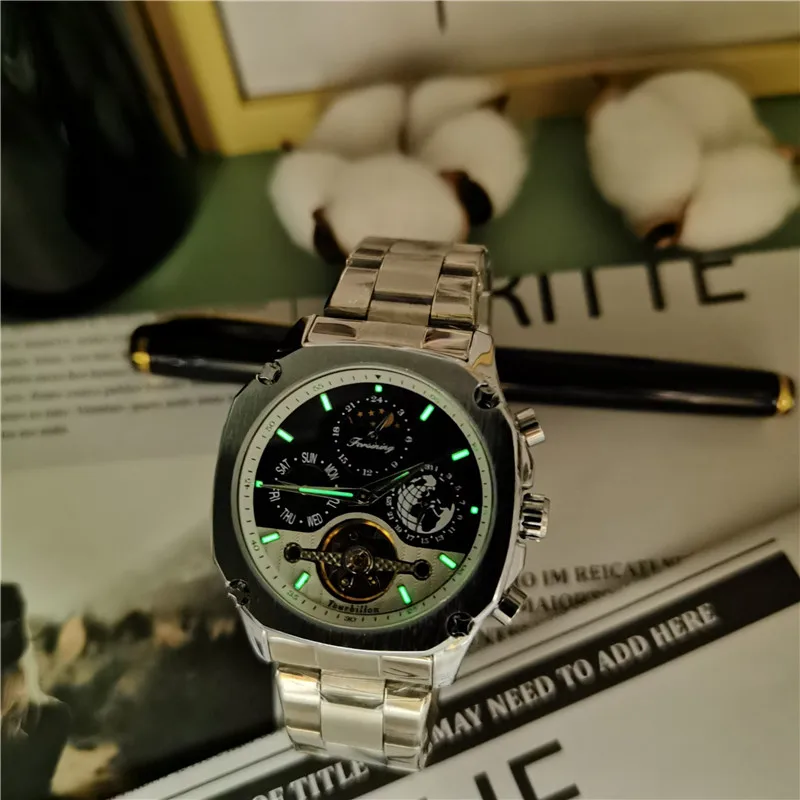 Forsining Tourbillon Для мужчин s автоматические механические часы серебро квадратный