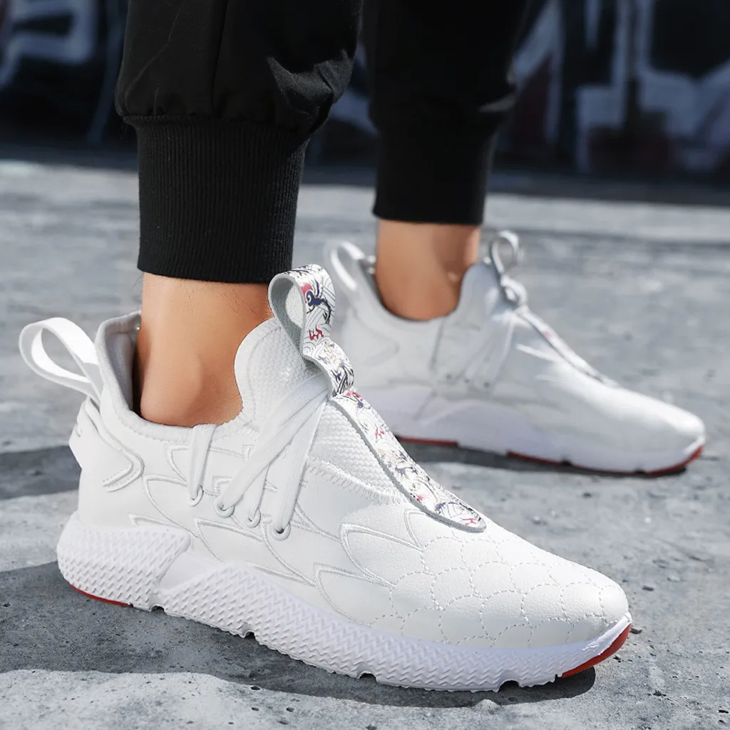 Кроссовки для шитья мужские большого размера китайского стиля с зернистым рисунком птицы моды для повседневной носки на улице белого цвета Z30726.