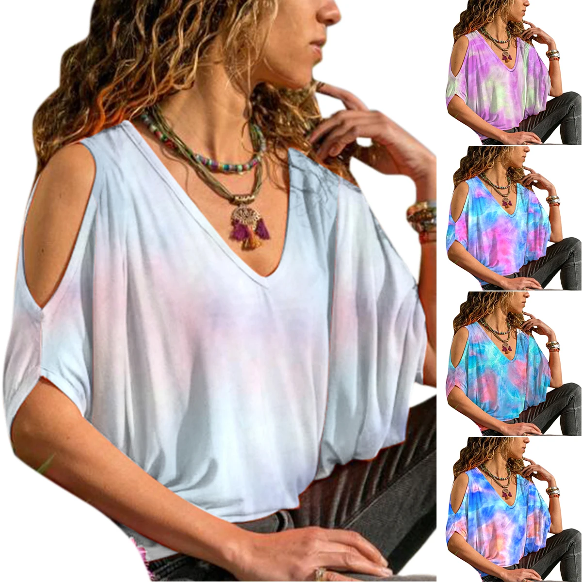 

Tie Dyeing Womens T-Shirt Large Size Off Shoulder Short Sleeves Casual Tees Top V Collar Loose Ladies Clothing Tshirts 2020