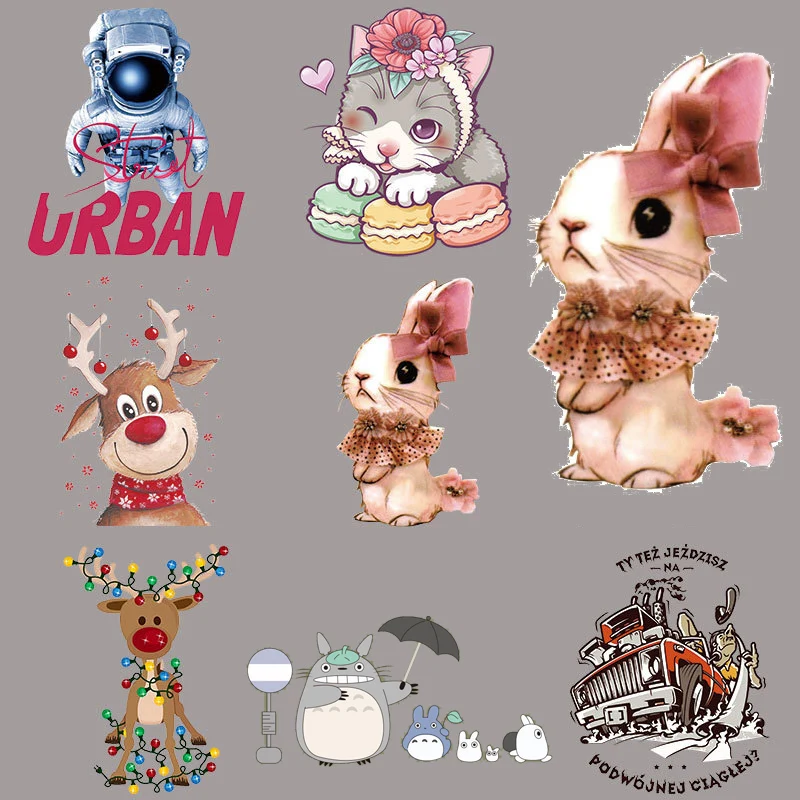 

DIY heat transfer sticker with elk print iron on Christmas day dress cartoon small animal rabbit spaceman patch for children