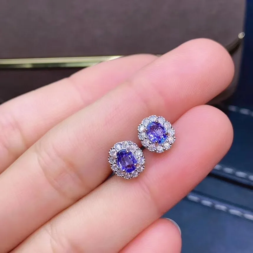 Серьги из серебра 925 пробы с натуральным танзанитом классический простой дизайн