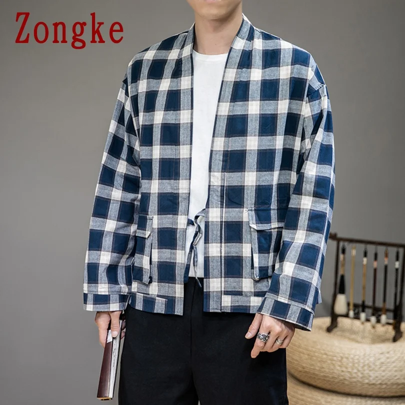 

Zongke Plaid Kimono Men Clothing 3XL Harajuku Kimono Cardigan Korean Fashion Men Shirts 2021 Summer New Arrivals