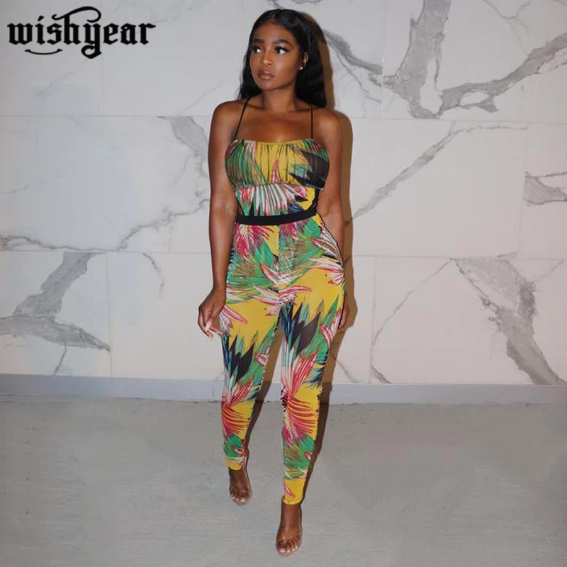 

Leaf Print 2 Piece Set Spaghetti Straps Sleeveless Backless Bodysuit+Pencil Pants Women Summer Fashion Overalls Plus Size S-XXL
