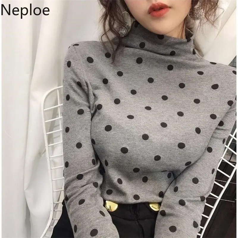 Neploe/Корейская водолазка, плотная Студенческая футболка в горошек, облегающие футболки с принтом «Дикая подошва», женские простые тонкие осенние женские топы, 46091