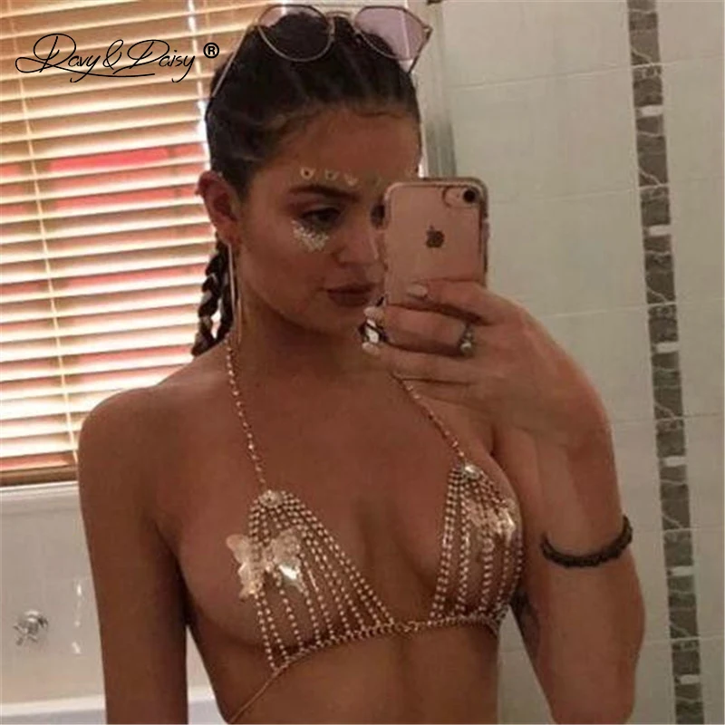 DAVYDAISY женский бюстгальтер rhinestone Горячая металлическая цепочка Хрустальный Бралетт одежда для пляжного клуба Топы модная нательная цепочка Сексуальное белье BR052