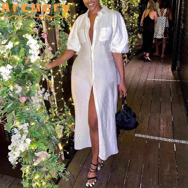 

Women Plus Size Puff Sleeve Pockets Design Solid Color Maxi Shirt Dress