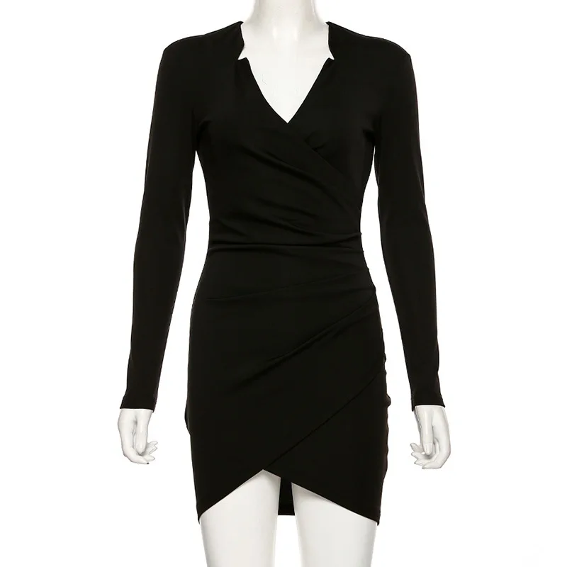 Осенние женские атласные офисные платья с длинным рукавом и v образным вырезом