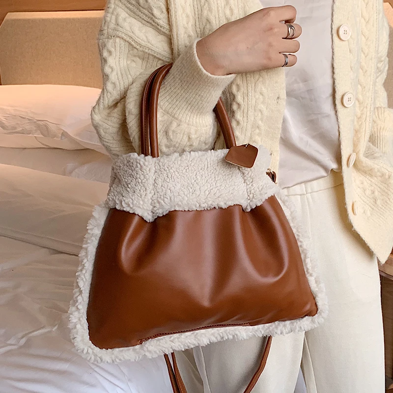 Женская сумка через плечо из овечьей кожи Большая вместительная кашемира и плюша
