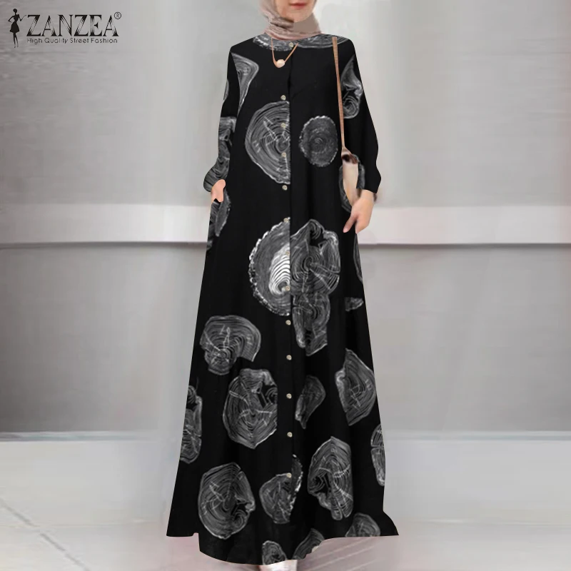 

Платье ZANZEA женское с винтажным принтом, длинное платье-рубашка в стиле Дубай, Турция, абайя, хиджаб, повседневная одежда джилбаба, Исламская ...