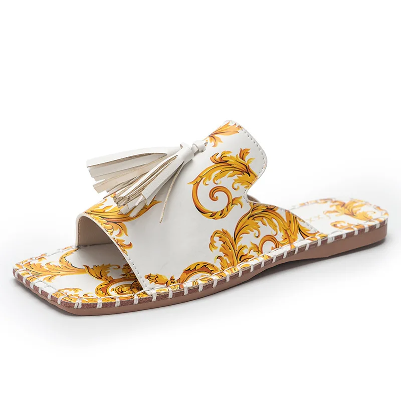 

2021 Women's Sandals Fashion Tassels Summer Shoes Brand Beach Slides Retro Print Shoes For Women Flat Slipper Outdoor Sandals