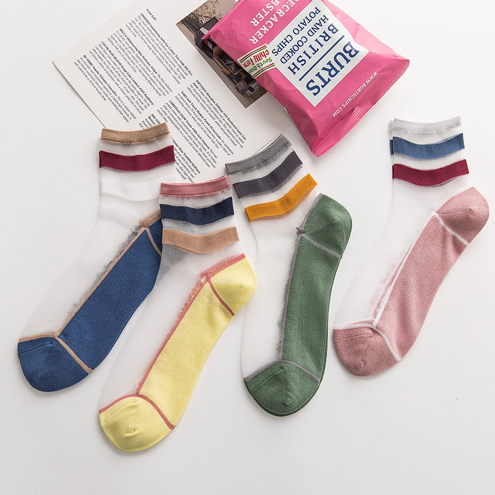 

Socks Women's Spring And Summer Short Tube Horizontal Striped Color Pattern Thin Comfortable Transparent Stockings Cotton Bottom