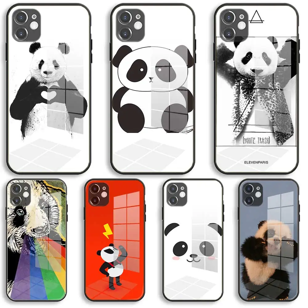 

panda nature Soft Glass Silicone Case For iPhone 13 12 11 Pro X XS Max XR 8 7 6 Plus SE 2020 S Mini Balck Cover