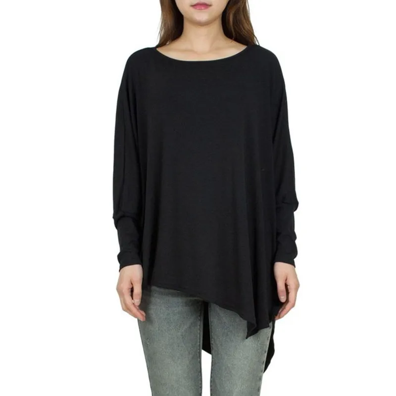 

Women's spring and autumn loose long sleeve large irregular base solid color T-shirt for women