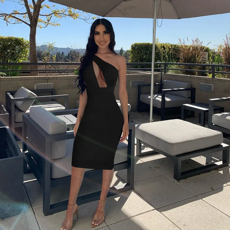 Женское платье-миди с одним открытым плечом до колена | Женская одежда