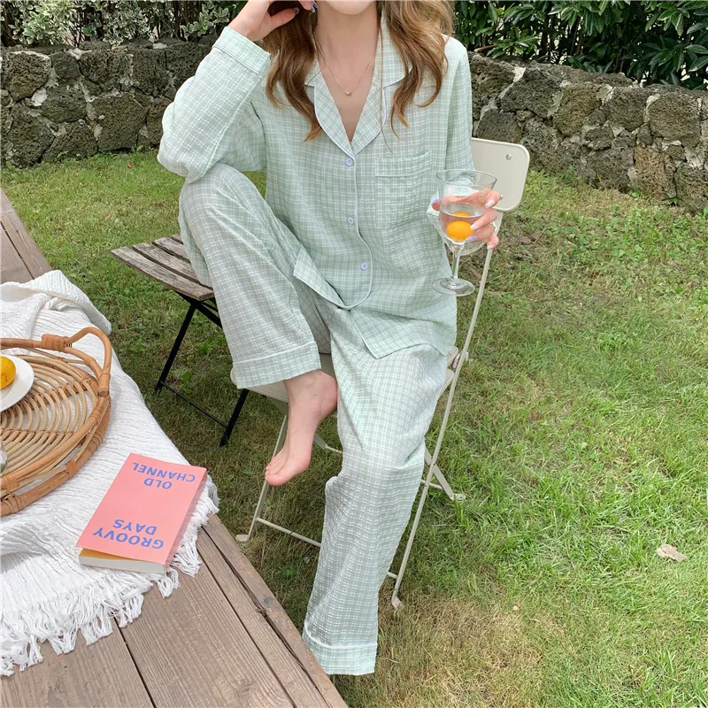 

Повседневная Зеленая клетчатая пижама из чистого хлопка, женский домашний костюм, домашняя одежда с длинным рукавом, штаны на осень и зиму, милый пижамный комплект L856