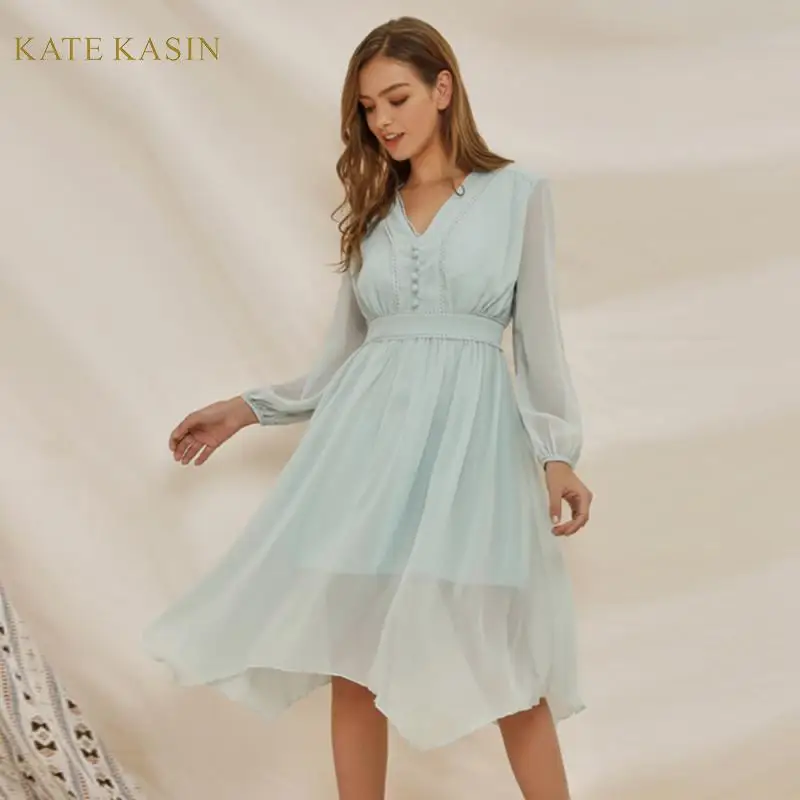 Kate Kasin модные женские туфли V образным вырезом Фонари голубого цвета с длинным