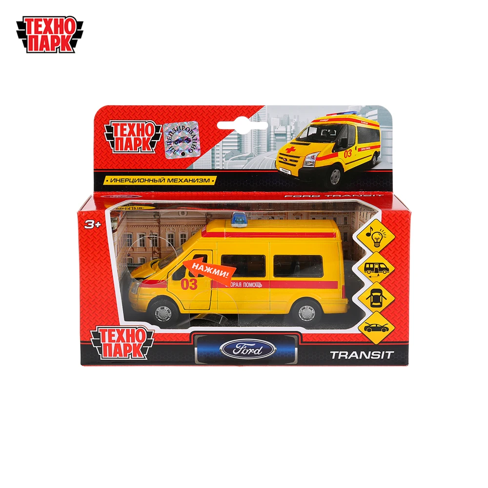 Машина металл ТЕХНОПАРК FORD Transit реанимация 13см свет+звук инерционная