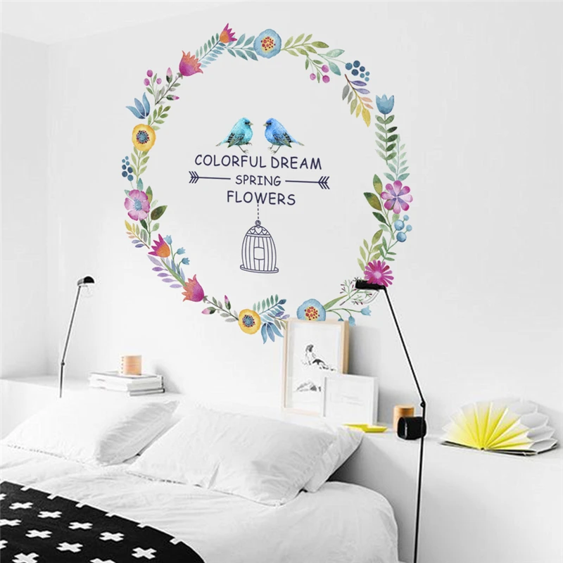 

Bird Cage Flower Circle Wall Stickers Living-room Bedroom Decoration Spring Theme Mural Art Diy Home Decals For Valentine Gift