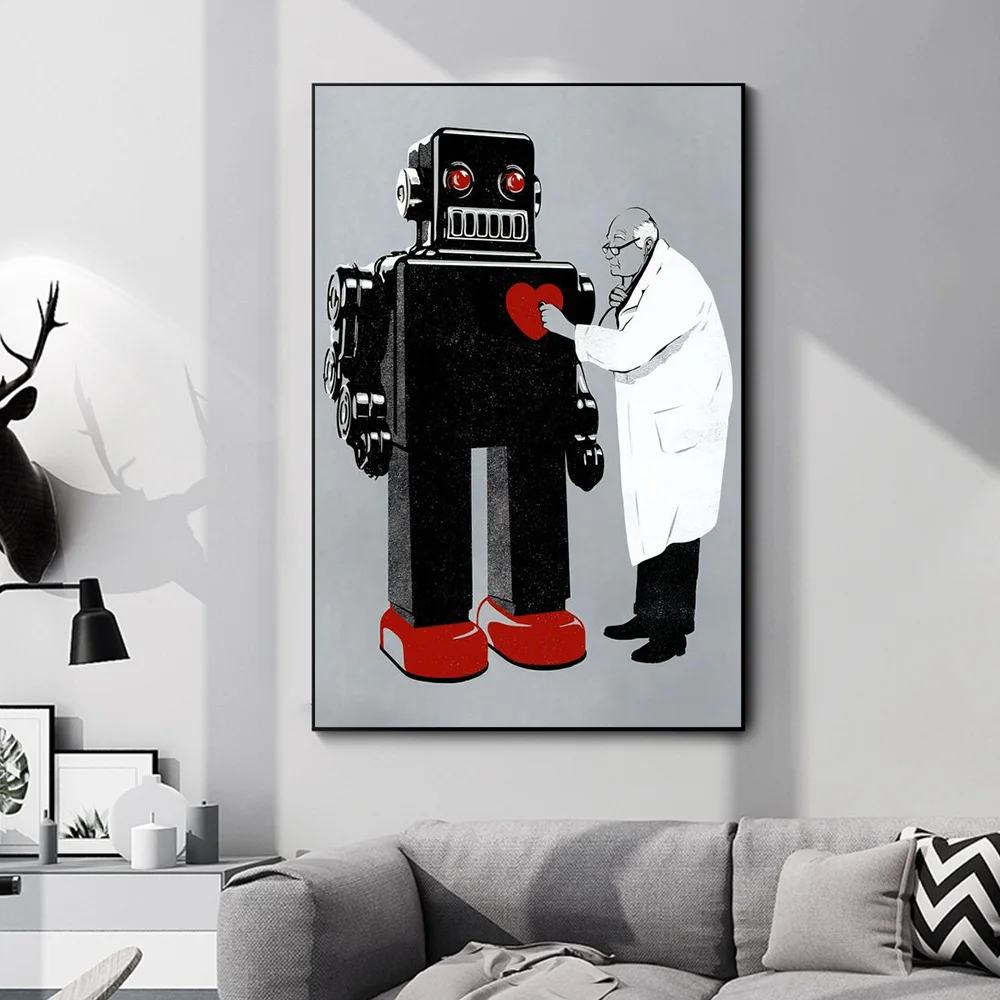 

Abstract Robot And Doctor Vomiting Tv Creative Minimalist Art Illustration Canvas Painting Modern Home Decoration Living Room