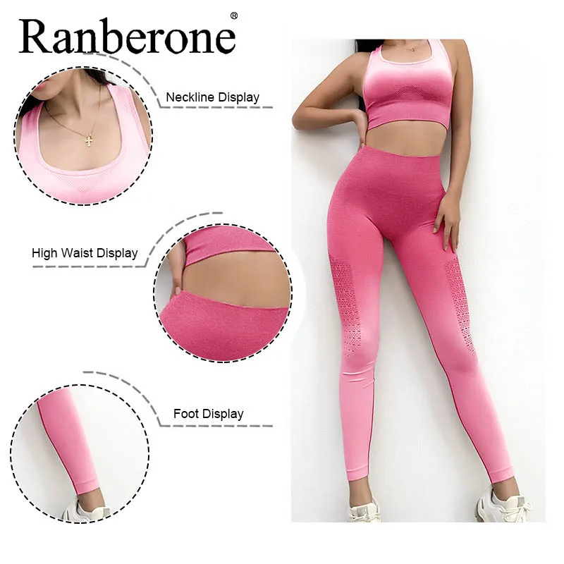 Ranberone Gradient Color fitness Trousers Women's Sports Ba Two Piece Sport Set Women High Waist Breathable Gym Clothing 2021
