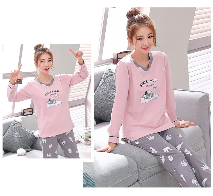 Пижамные комплекты для женщин с круглым вырезом Pijama Mujer пижама с длинным рукавом весенняя Хлопковая пижама Femme Повседневные наборы пижам комплект из двух предметов