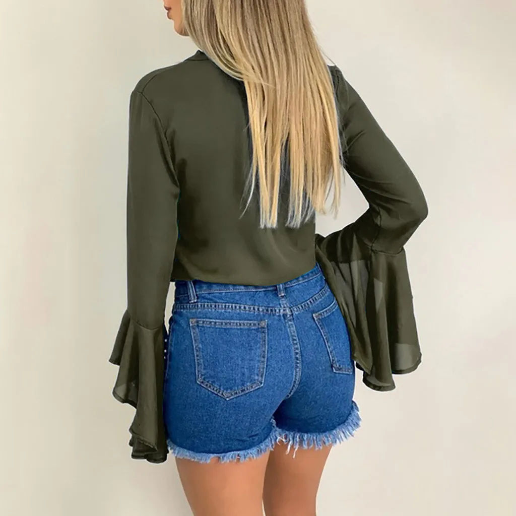 

#58 Women's Fashion Winter Button Solid Color Shirt Trumpet Sleeves Tie Tops Long Sleeve Shirt Blusa Feminina Vero