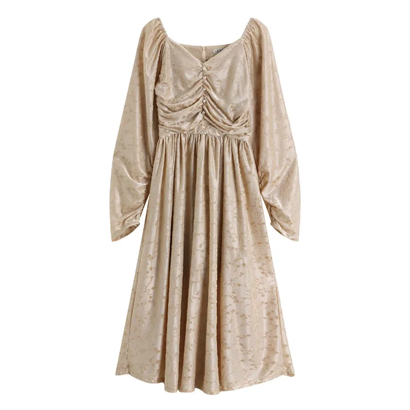 

2021 Chic Fashion With Women Elegant Midi Dress Puff Sleeves Velvet Vintage High Waist Vestidos Mujer Party Spring 6013#