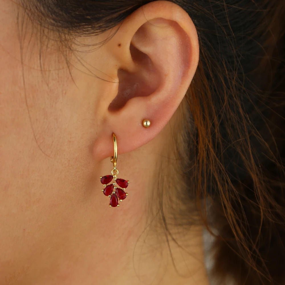 Shinny Water Drop red green CZ Zirconia Leaf Hook Dangle Earrings For Women Fashion Anniversary Bridal Wedding Jewelry | Украшения и