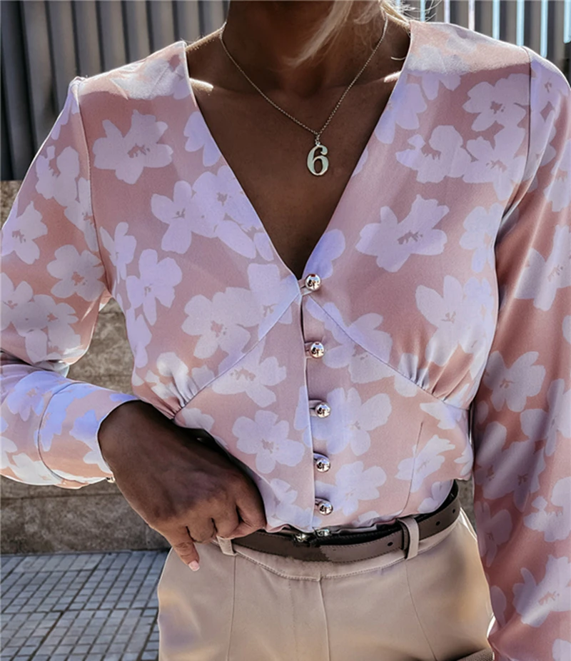

Ladies Female Floral Printing Shirt Tops Autumn Spring Women Long Sleeve V Neck Slim Fashion OL Blouse