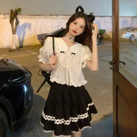 korean sweet cool bow lace up peter pan collar short sleeve shirt a line tiered skirt womens suit summer lolita dress gothic