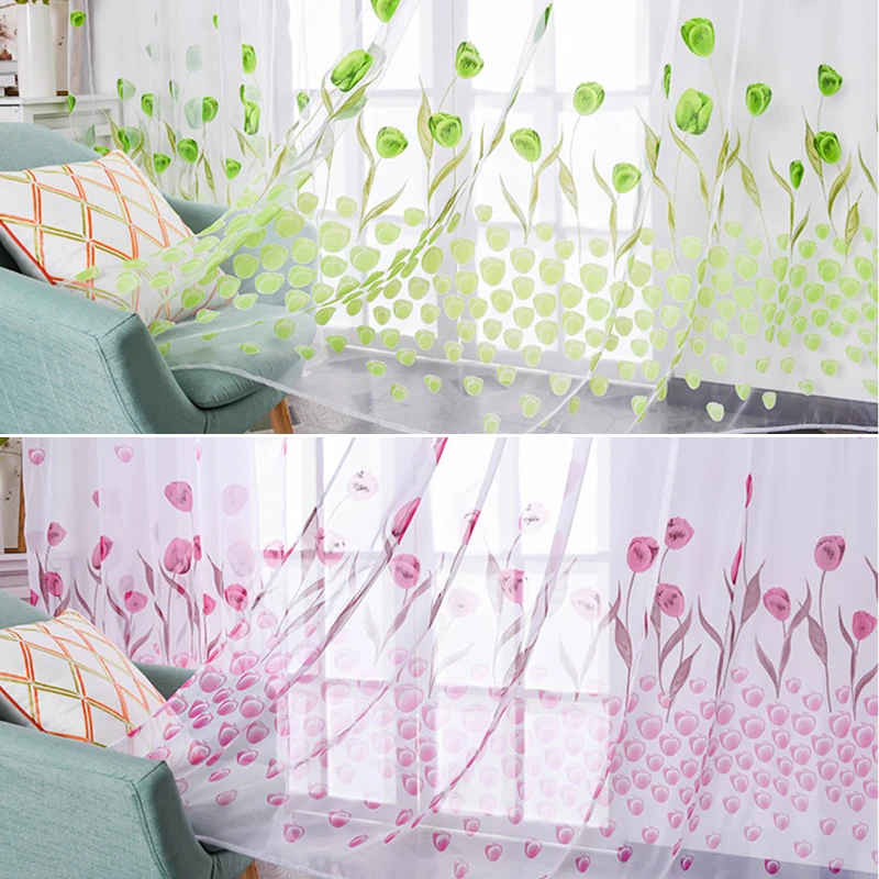 

Tulip Printing Curtains Window Screens Translucent Curtains Decorative Wear Rod Curtains Simplicity Breathable Elegant