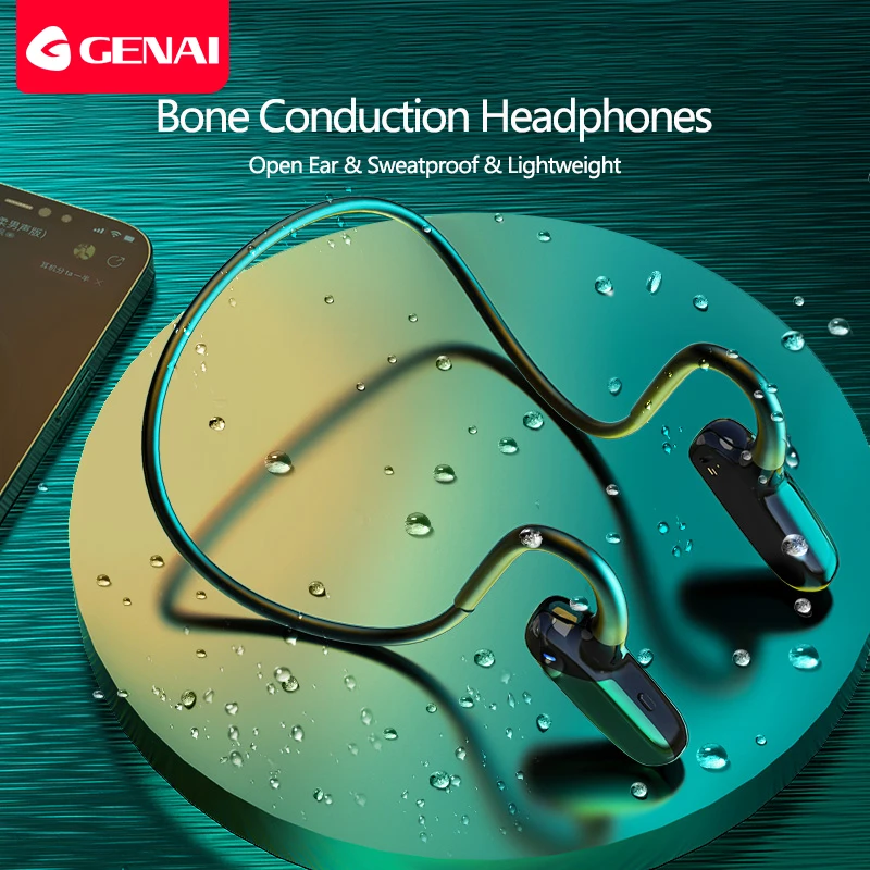 

Genai Bone Conduction Earphones Bluetooth Wireless Headphones IP55 Waterproof Open Not in-Ear Sports Headset with Mic Earbuds