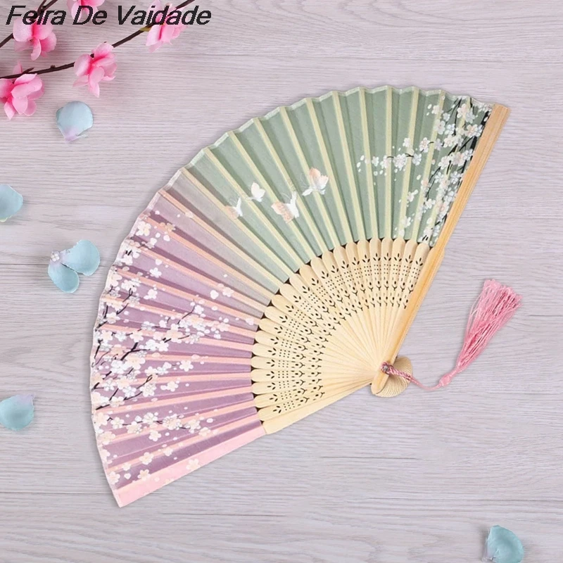 

1PC Retro Chinese Japanese Silk Bamboo Folding Fan Home Decoration Ornaments Floral Painting Hand Held Fans Dance Party Props