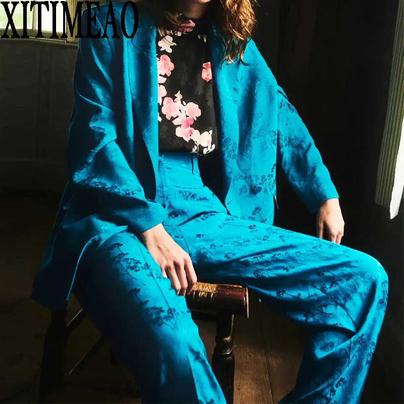 

Женский жаккардовый костюм Xitimeao Za с украшением, пальто в стиле ретро, Женское пальто с длинным рукавом и брюки с высокой талией в повседневн...