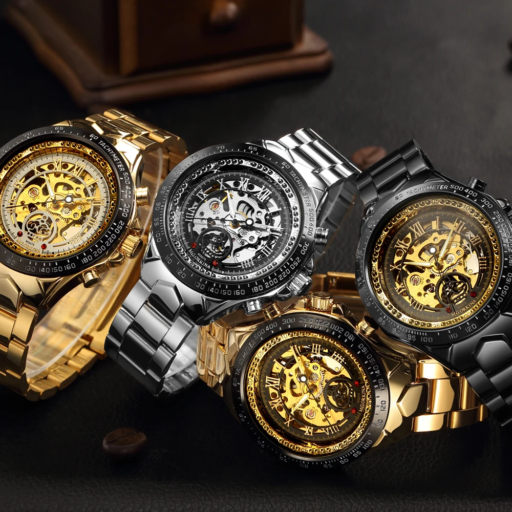 Золотые черные мужские часы Скелет дизайн металлический ремешок бизнес стильные