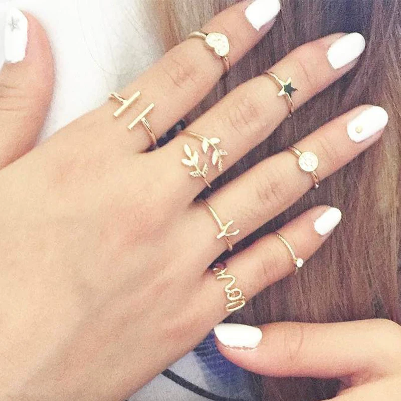 8 Pcs/Set Fashion Women Rings Set Leaf Letter Heart Round Star Y Shaped Knuckle Gold Ring Simple Wedding Party Jewelry | Украшения и