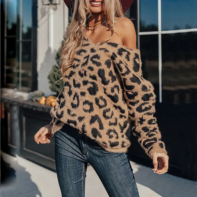 Elbru Женский свитер с леопардовым принтом зимний Повседневный вязаный пуловер