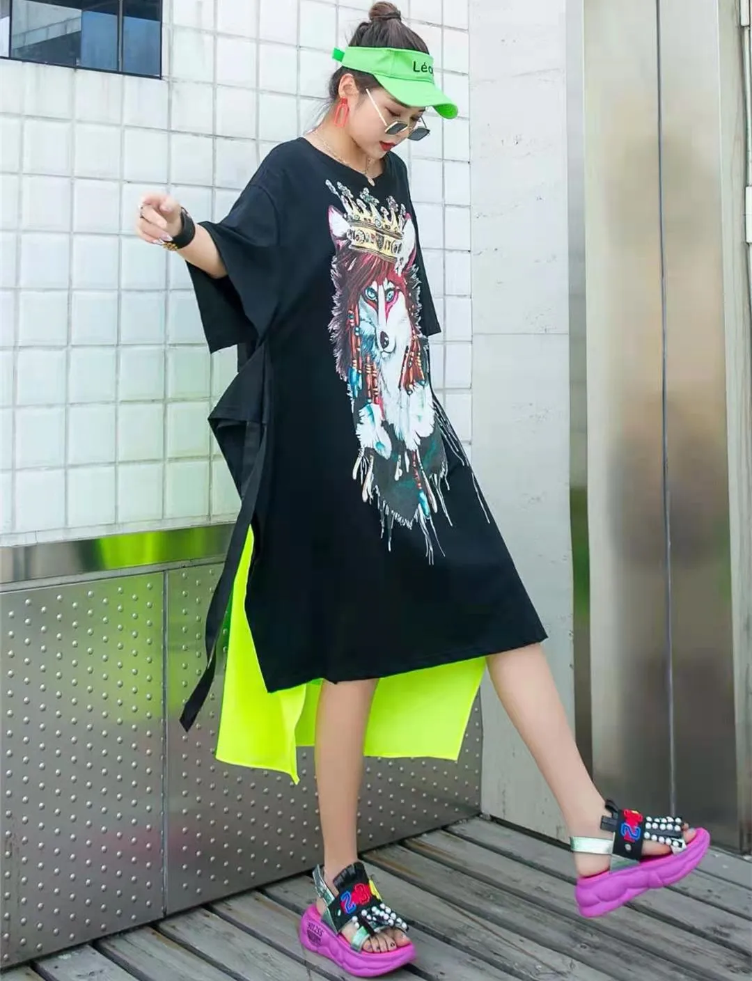 

QING MO Fashion Brand Women Cartoon Printed Dress 2021 Summer Women Patchwork Color Dress Female Oversized Dress ZQY6881