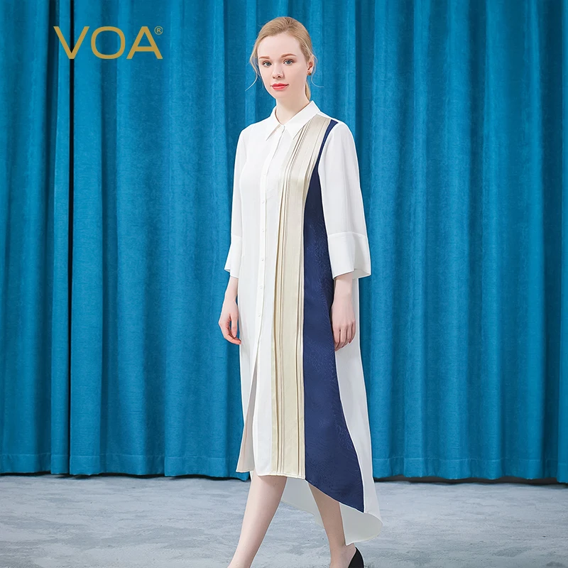 

VOA 31m/m Mulberry Silk 34% Smooth POLO Collar Fold Asymmetric Spell Design Single-breasted Literary Shirt Dress for Women AE829