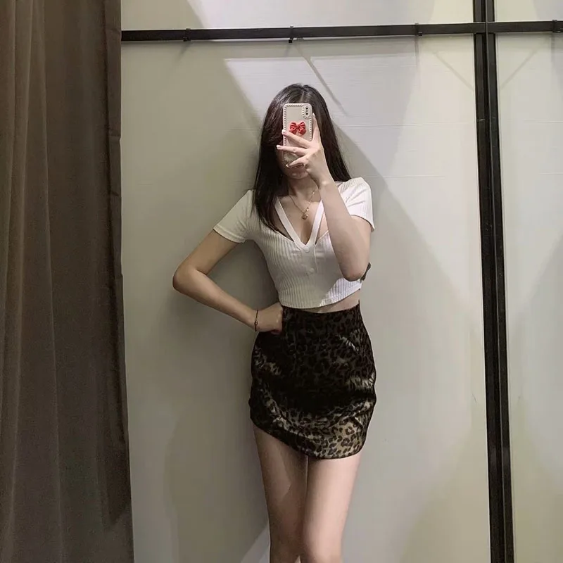 Мини-юбка женская с леопардовым принтом на молнии винтажная коричневая 2021 | Юбки