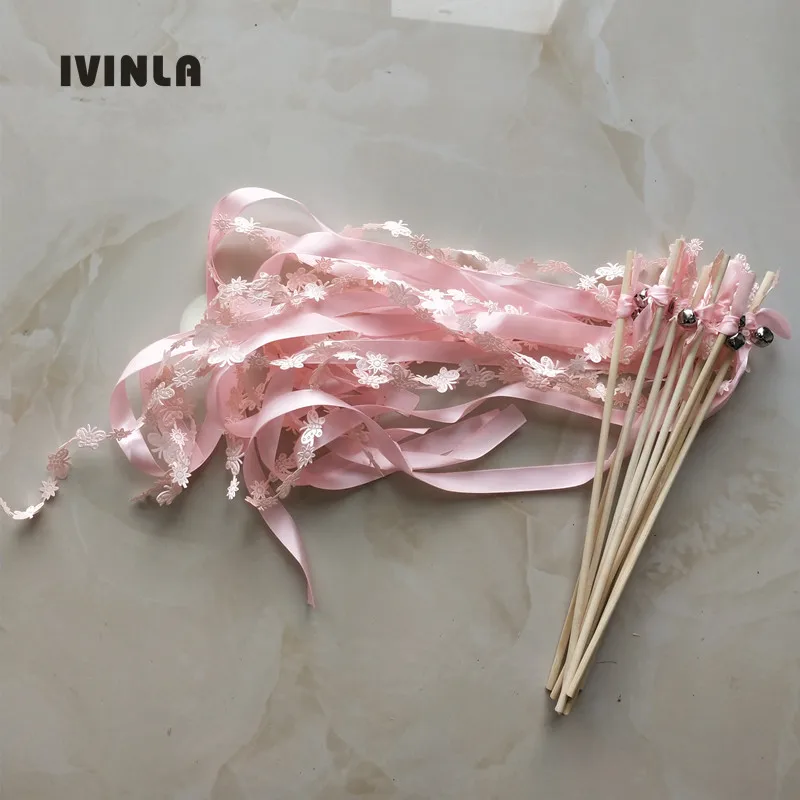

30pcs/ light pink wedding ribbon wands with bell for wedding decoration