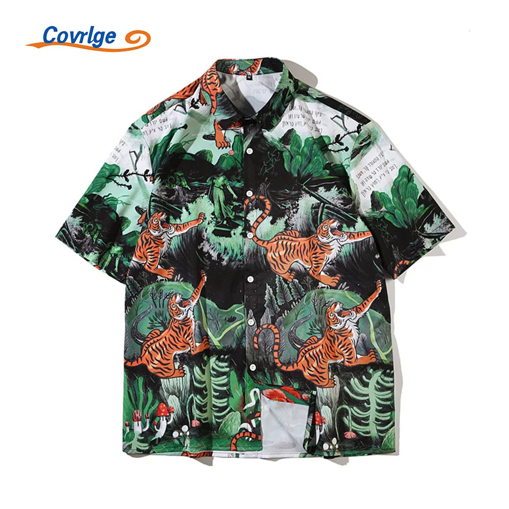 

Covrlge New Short Sleeve Men's Shirt Summer Fashion Chinese Style Loose Tiger Pattern Lapel Cardigan Daily Casual Top MCS157