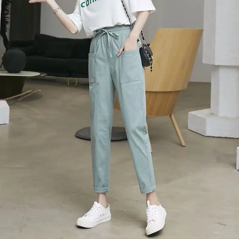 

Брюки женские из хлопка и льна, свободные спортивные штаны до щиколотки, шаровары с завышенной талией, повседневные штаны, весна-лето 2021