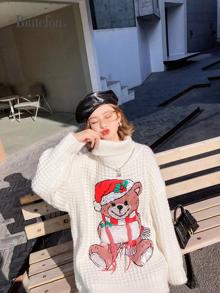 

2021 New Arrival Winter Women Long Beading Sequins Cartoon Bear Turtleneck Sweaters